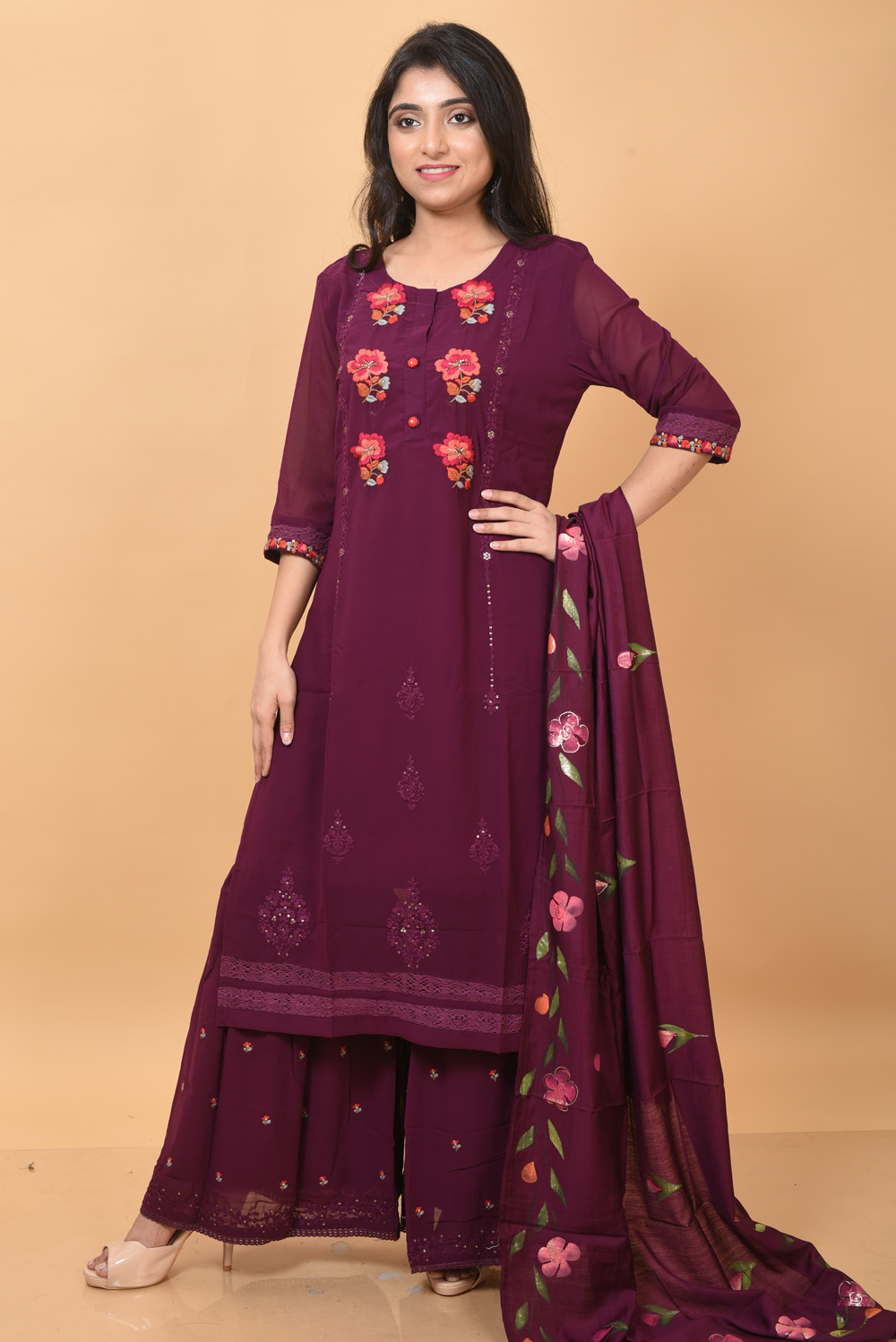 Wine Embroidery Readymade Suit Set