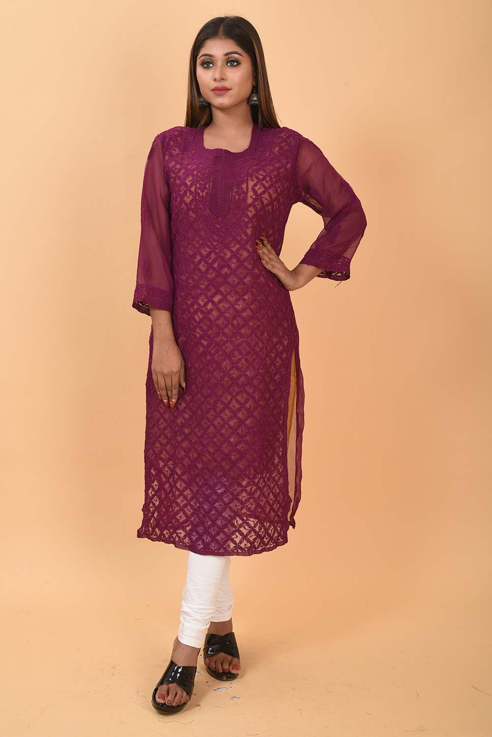 Pure Authentic Lukhnow Chikankari Kurti Wine