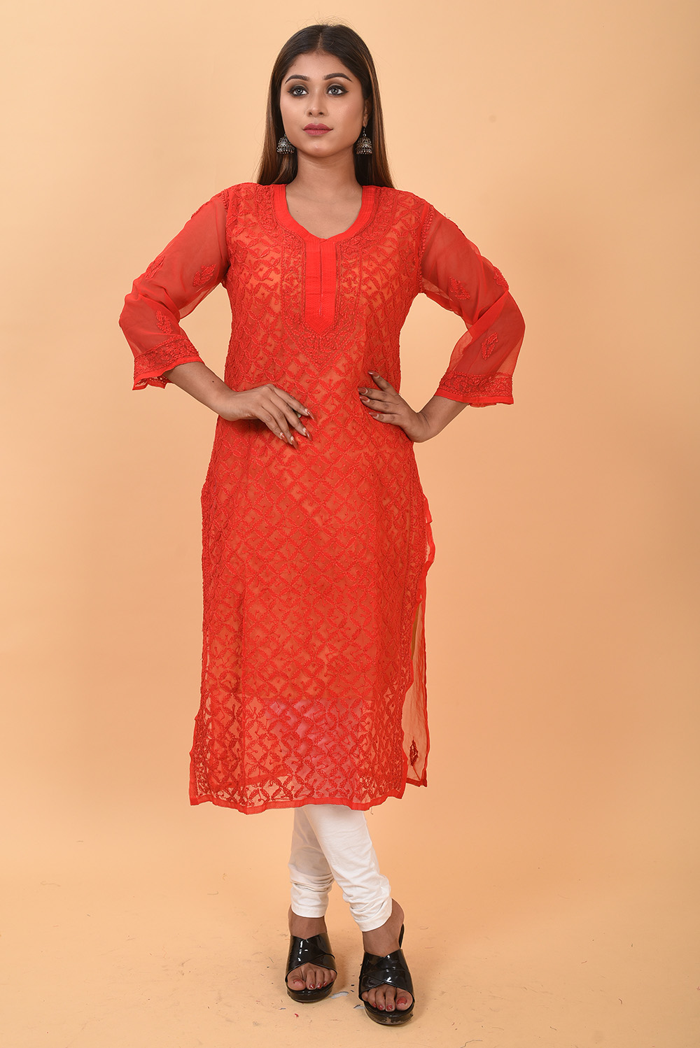 Pure Orange Lukhnow ChikanKurti Deep Orange