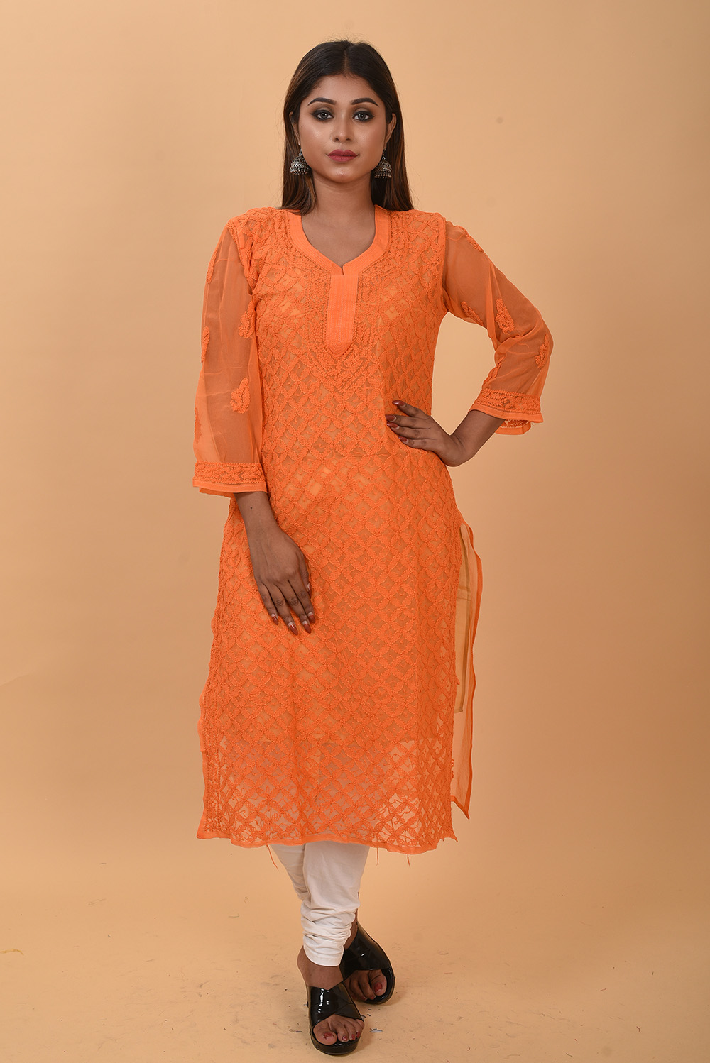 Pure Authentic Lukhnow ChikanKari kurti Tangy Orange