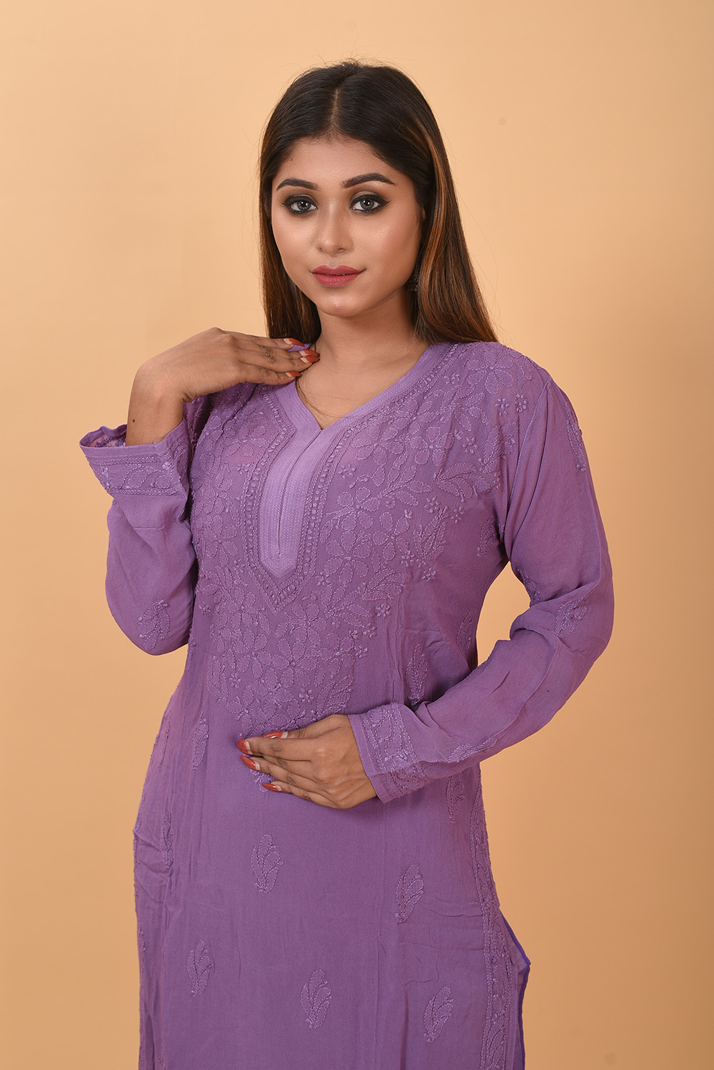 Pure Siffon Lukhnow Chikan Kurti Purple