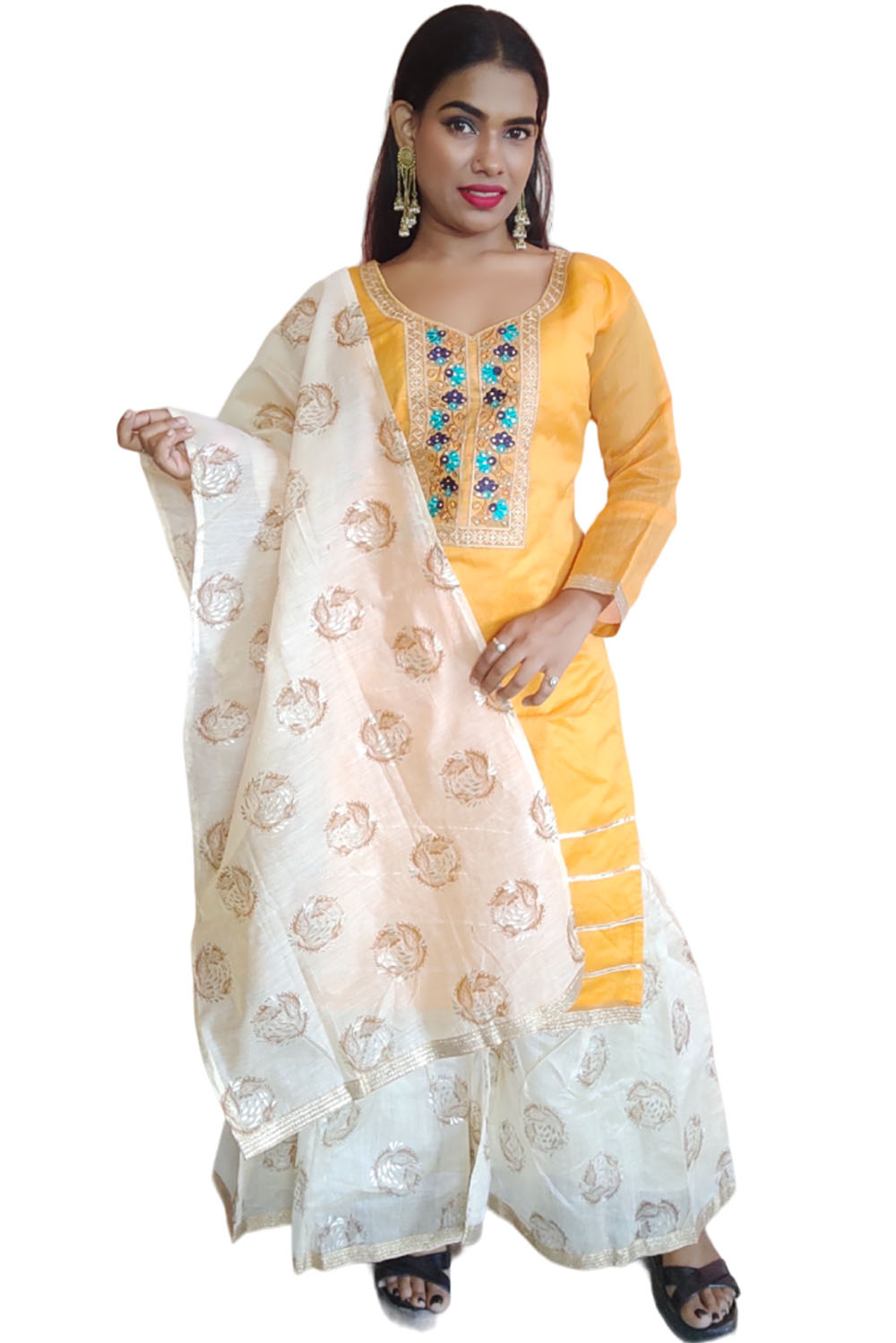 Yellow Straight Fit Chanderi Plazzo Set