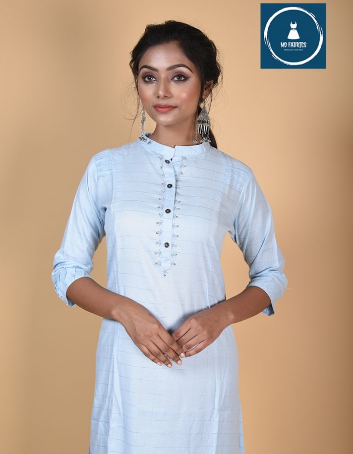 Pure Cotton Skyblue Silver Ribon Striped kurti