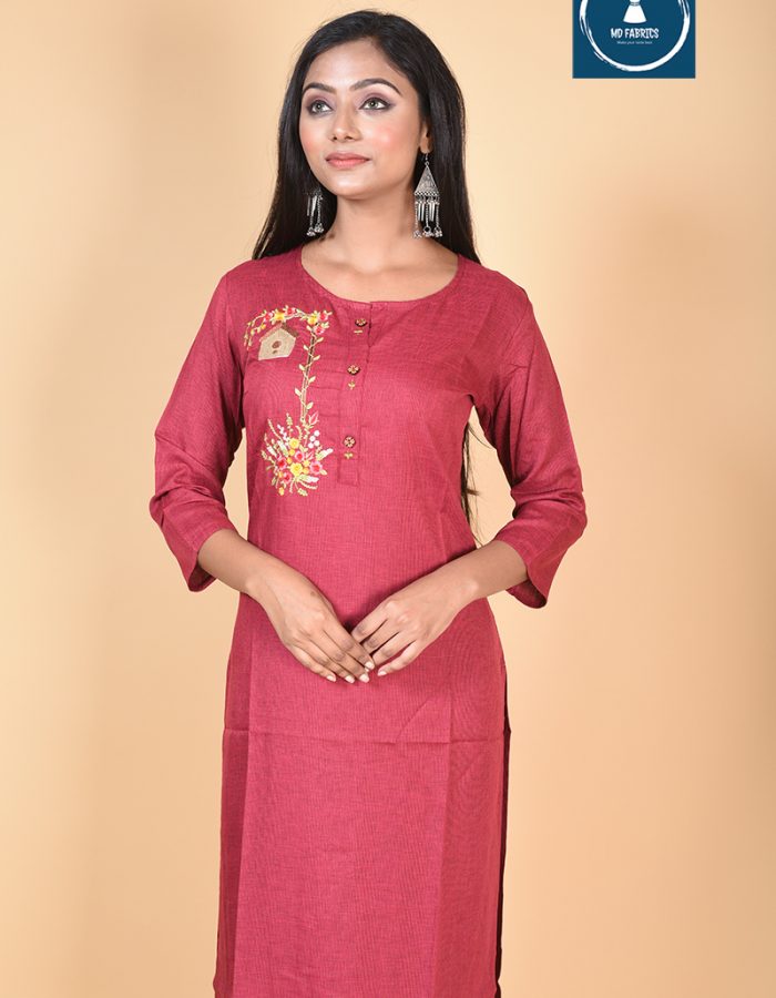 MDFabrics Crimson Red Embroidery Kurti